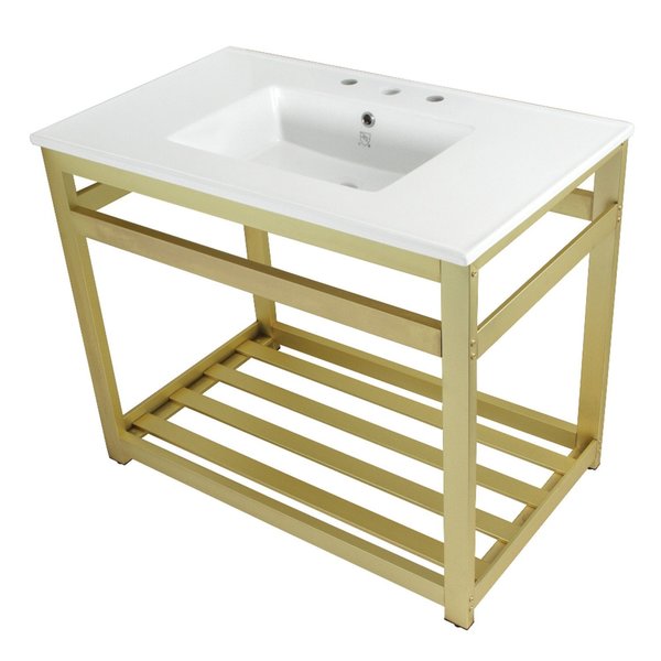 Fauceture VWP3722W8A7 37-Inch Ceramic Console Sink (8-Inch, 3-Hole), White/Brushed Brass VWP3722W8A7